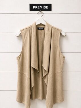 PREMISE beige faux leather sleeveless open front cardigan size S